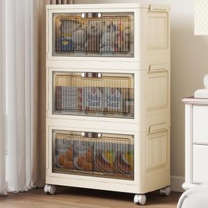 3 Tier - 34QT Stackable Storage Bins with Lids, Storage Cabinet with Wheels | Plastic Collapsible Storage Bins for Easy Storage and Organization for Living Room, Office