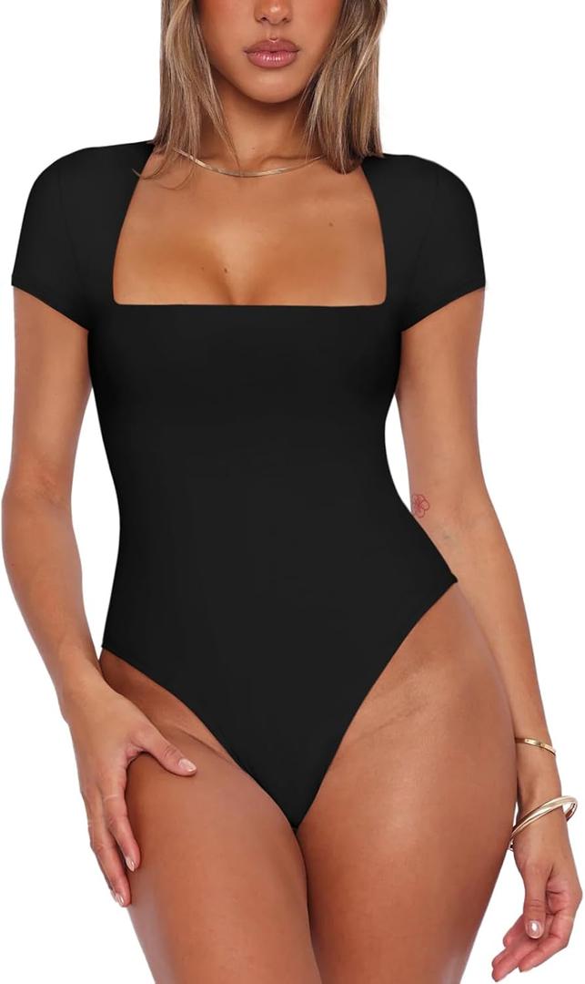 REORIA Womens Sexy Square Neck Double Lined Shirt Stretchy Basic Short Sleeve Going Out Thong Bodysuit Tops (Black)