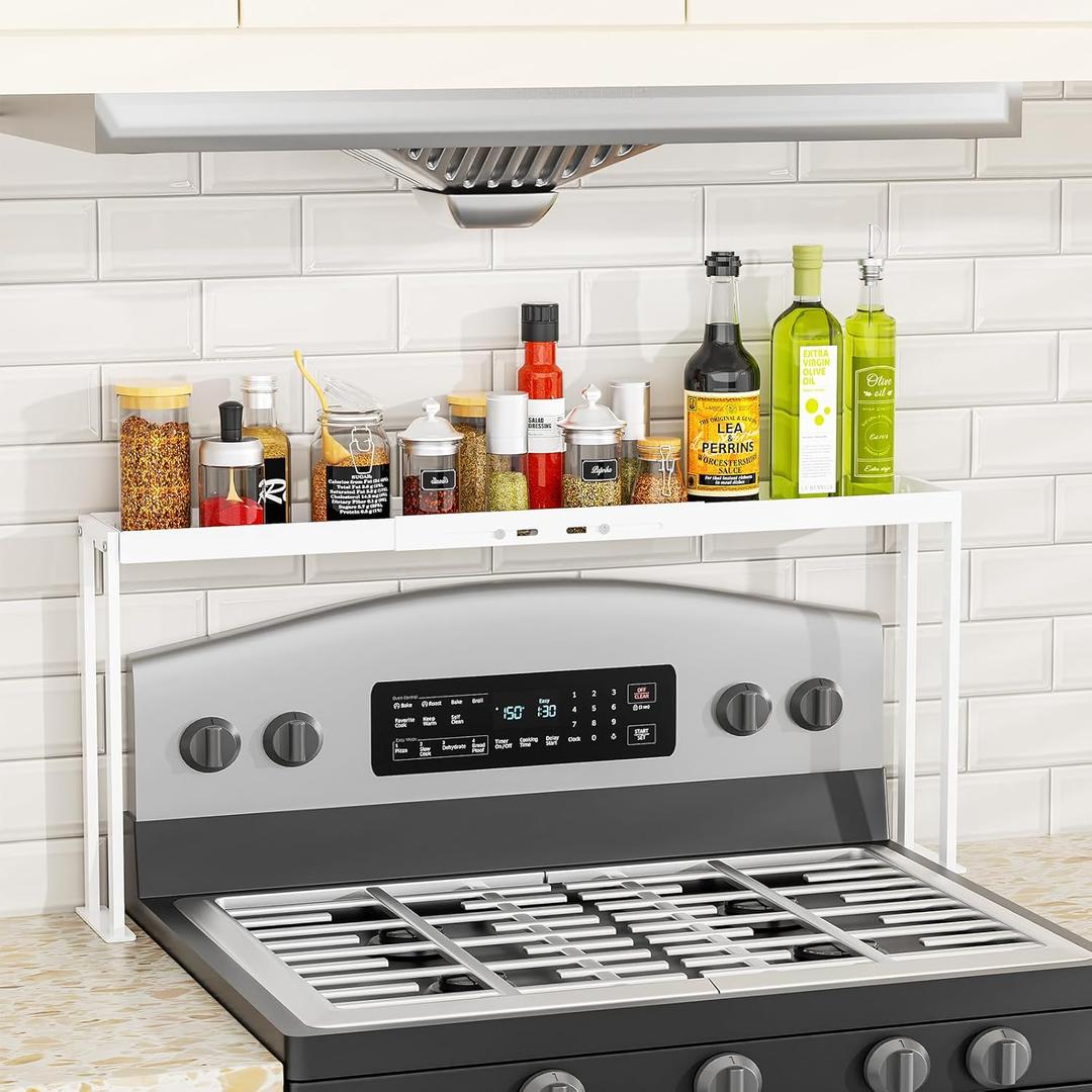 Stove Top Shelf for Curved Stove, Expand 27 to 33 Inch Spice Rack, 4 Level Adjustable Height Spice Shelf, Over the Stove Shelf for Back of Stove Spice Rack Organizer for Countertop, White