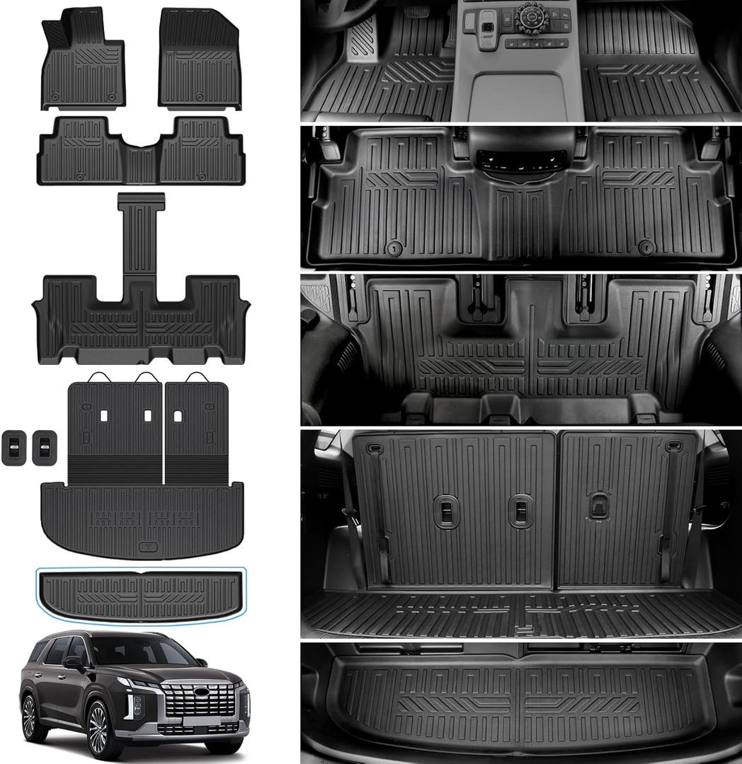 Floor Mats for 2020-2025 Hyundai Palisade, Trunk Mat with Seat Back Cover and Lower Cargo Mat TPE All Weather Protector for 2025 Hyundai Palisade Calligraphy Accessories (Floor Mats Full Set)