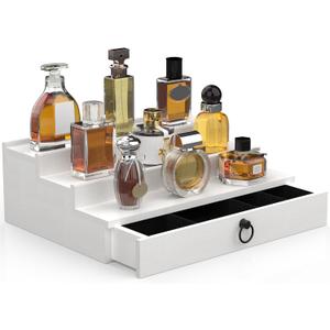 upcessory Cologne Organizer for Men, 3 Tier Wood Perfume Organizer with Felt Lining Drawer and Hidden Compartment, White Perfume Display Holder, A Gift for Men
