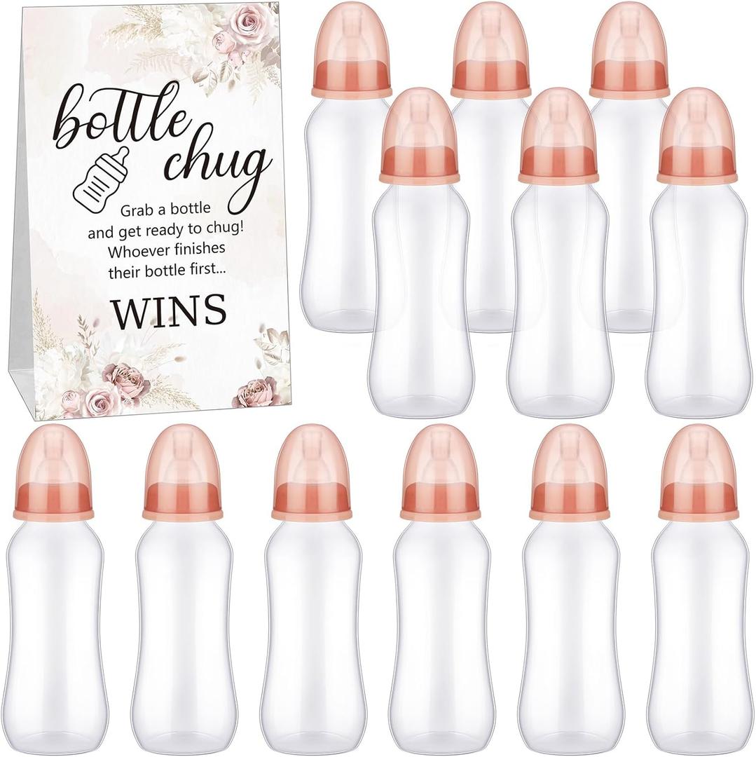 TrelaCo Cool Baby Shower Games Sets 12 Pcs Bottles with 1 Bottle Chug Sign for Gender Reveal Baby Shower Party Favors Decoration Games(Boho,Brown)