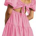 OWNGIGI Women's Summer Dress Square Neck Puffy Short Sleeve Loose Tie Back Casual A-Line Mini Dresses (Medium, Pink)