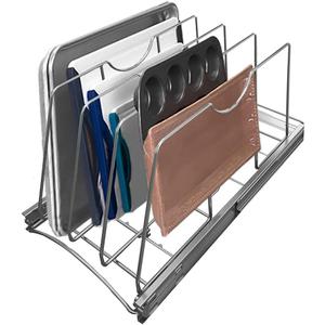 Pull Out Cookie Sheet Organizer for Cabinet, Pan and Pot Rack, Cutting Board Organizer Rack, Baking Tray Organizer for Cabinet, Adjustable Divider Width, 11" W x 22" D x 11.8" H, Chrome