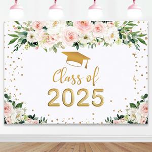 Mocsicka 2025 Graduation Party Backdrop Congrats Grad Class of 2025 Photo Backdrops Floral Gold Dots Graduation Prom Photography Background (6x4ft)