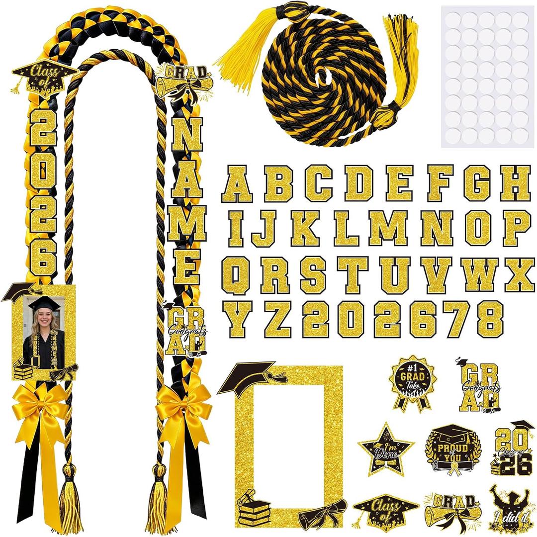 Graduation Leis Class of 2026, 69Pcs Graduation Ribbon Leis Making Kits with Photo Frame Honor Cord Letters Numbers, DIY Braided Necklace Decorations Graduate Congrats Gifts Party Supplies