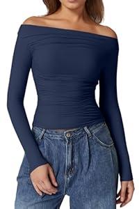 QINSEN Womens Off Shoulder Long Sleeve Tops Ruched Going Out Crop Slim Fitted Shirts Estate Blue M