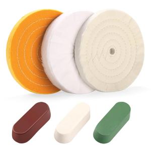 6PCS 8 Inch Polishing Wheels Kit for Bench Grinder, Include 5/8" Arbor Hole White Cotton Polish Wheels(50Ply), Yellow Cotton Wheel(40Ply), Soft Flannel Buffing Wheel(30Ply)& 3 Polishing Compound Set