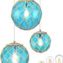 3-Light Blue Coastal Pendant Light Kitchen Island 3 Globe Glass Ocean Chandelier Beach House Boho Chandelier Hanging for Dining Room Living Room Bedroom Foyer (Bulb Incl.)