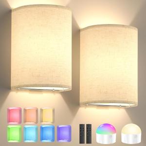 Battery Operated Wall Sconce Set of Two: 10000mAh Wireless Wall Light with Rechargeable Magnetic Bulb - Dimmable Wall Lamp with 7 RGB Colors - Linen Shade Sconces with Remote for Bedroom Living Room (Cream)