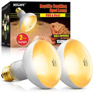 MIXJOY 150W Reptile Heat Lamp Bulbs, 2Pack Heat Lamp Bulbs for Reptiles Basking Bulbs UVA Daylight Basking Light Amphibians Heating Lamp Emitter for Lizard, Tortoise, Bearded Dragon Gecko, Chicken