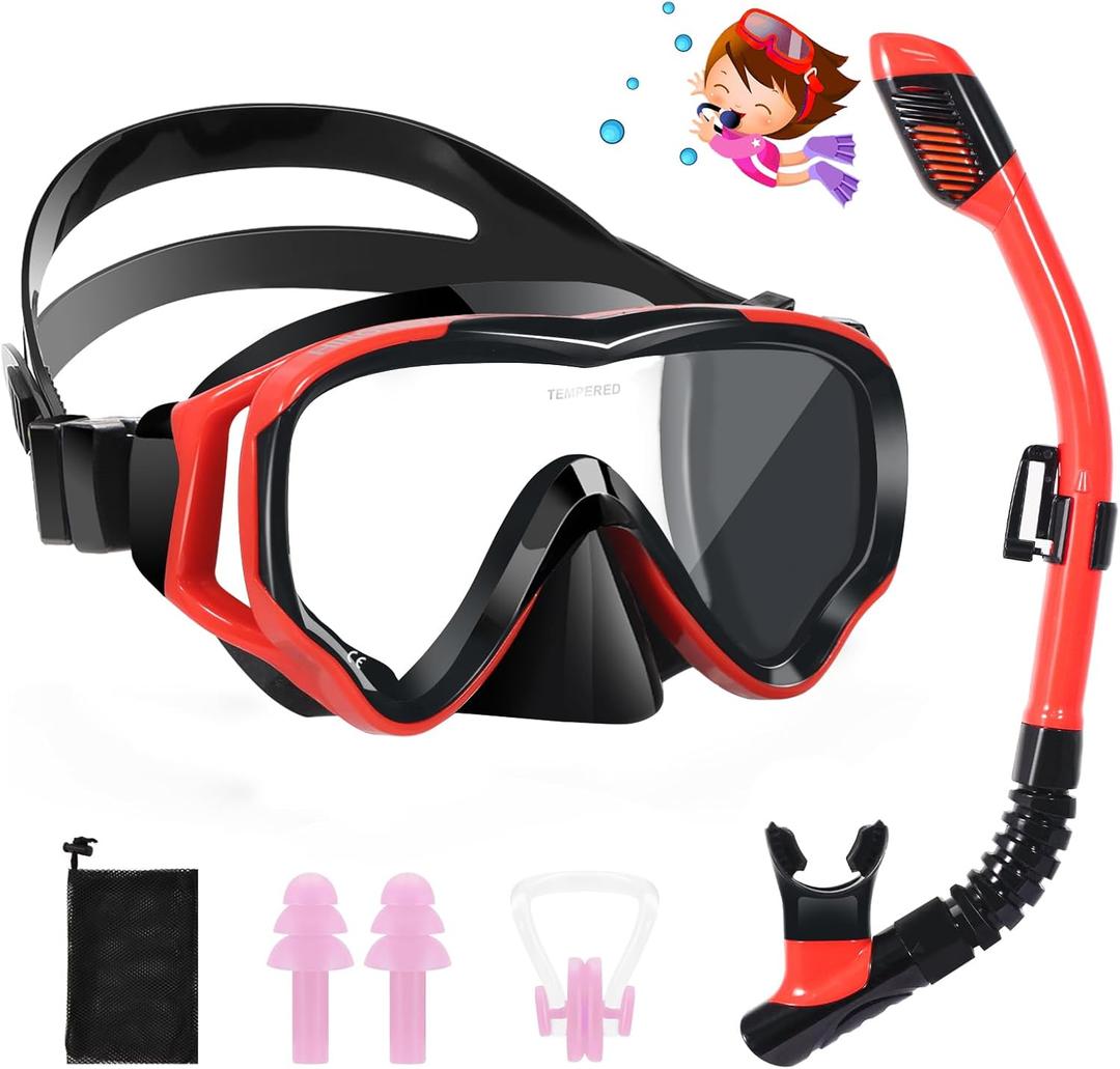 Kids Snorkel Set(4-16 Years),180°Panoramic View Diving Mask With Tempered Glass Lenses,Anti-fog and Anti-leak Children's Diving Goggles,Adjustable Silicone Strap,Includes Earplug and Nose Clip