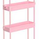 SPACEKEEPER Slim Rolling Storage Cart 4 Tier Bathroom Organizer Utility Cart Mobile Shelving Unit Tower Rack for Kitchen, Laundry Room, Bathroom, Narrow Places, Pink