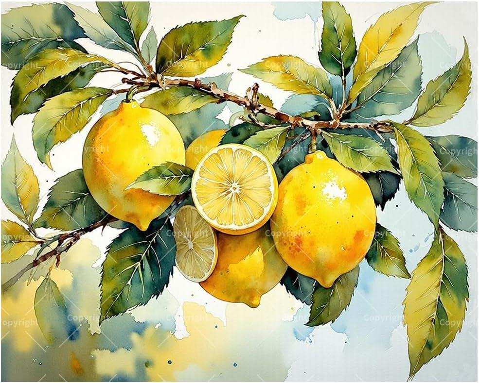 Fresh Lemons Paint by Numbers Kit for Adults - DIY Detailed Watercolor-Style of Lemons and Leaves Painting on Canvas 16x20In, Framed Acrylic Paint Set for Beginners, Art for Home Decoration or Gifts