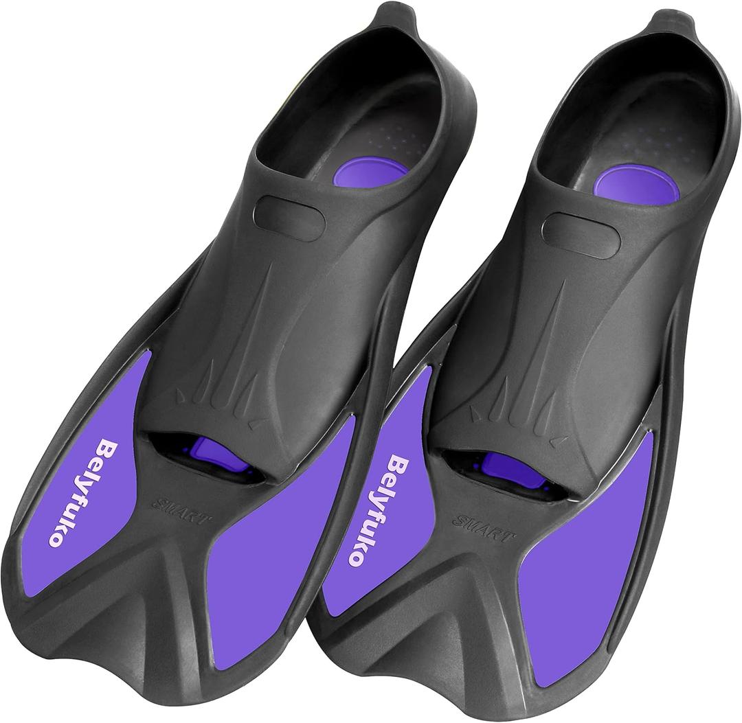 Belyfuko Short Swim Fins, Adult Kids Snorkel Fins for Lap Swimming Diving Snorkeling Travel Size with Mesh Bag, Purple, L