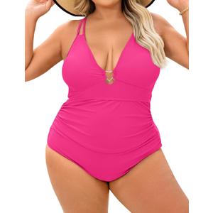 Women's One Piece Swimsuit Plus Size Tummy Control V Neck Swim Romper Bathing Suit Double Straps Backless Swimwear (4X-Large Plus)