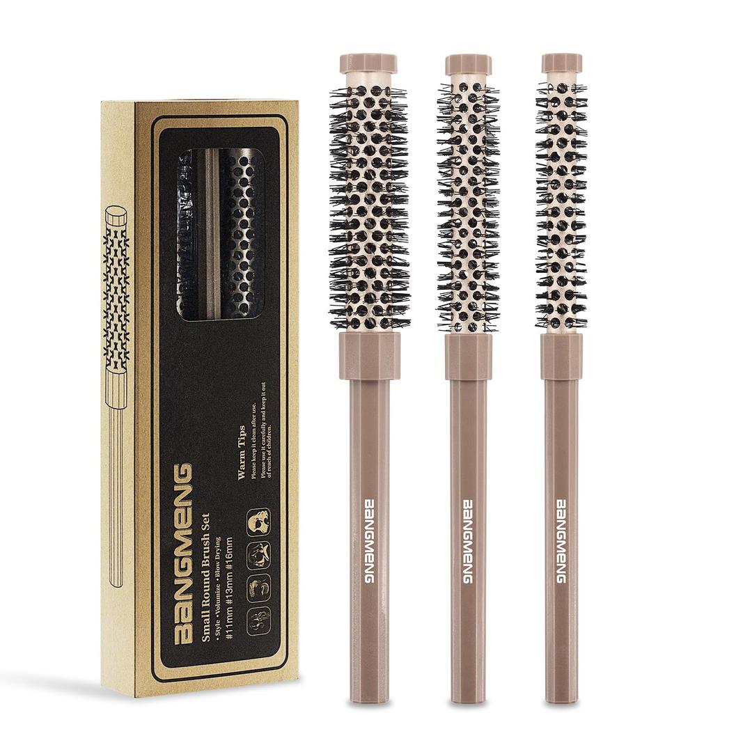 BANGMENG 3 Pieces Small Round Brush Set, 3/7 1/2 5/8 Inch Barrel HairBrush for Blow Drying, Soft Bristles Style Volumize Hair Brush for Women Men Short Hair, Bangs, Roots, Curling, Straight