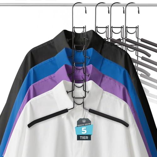 Limogoo Shirt Hangers Space Saving, 5 in 1 Multi Layer Clothes Hanger with Non-Slip Foam Padded, Heavy Duty Metal Thick Magic Closet Organizers and Storage for Coat, Sweater, T-Shirt, 4 Pack (Black)