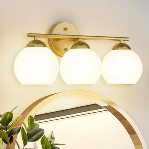Emak Modern 3-Light Globe Vanity Light, Gold Bathroom Light Fixtures with Milk Glass Shade for Bathroom, VL114-GD-ML-3