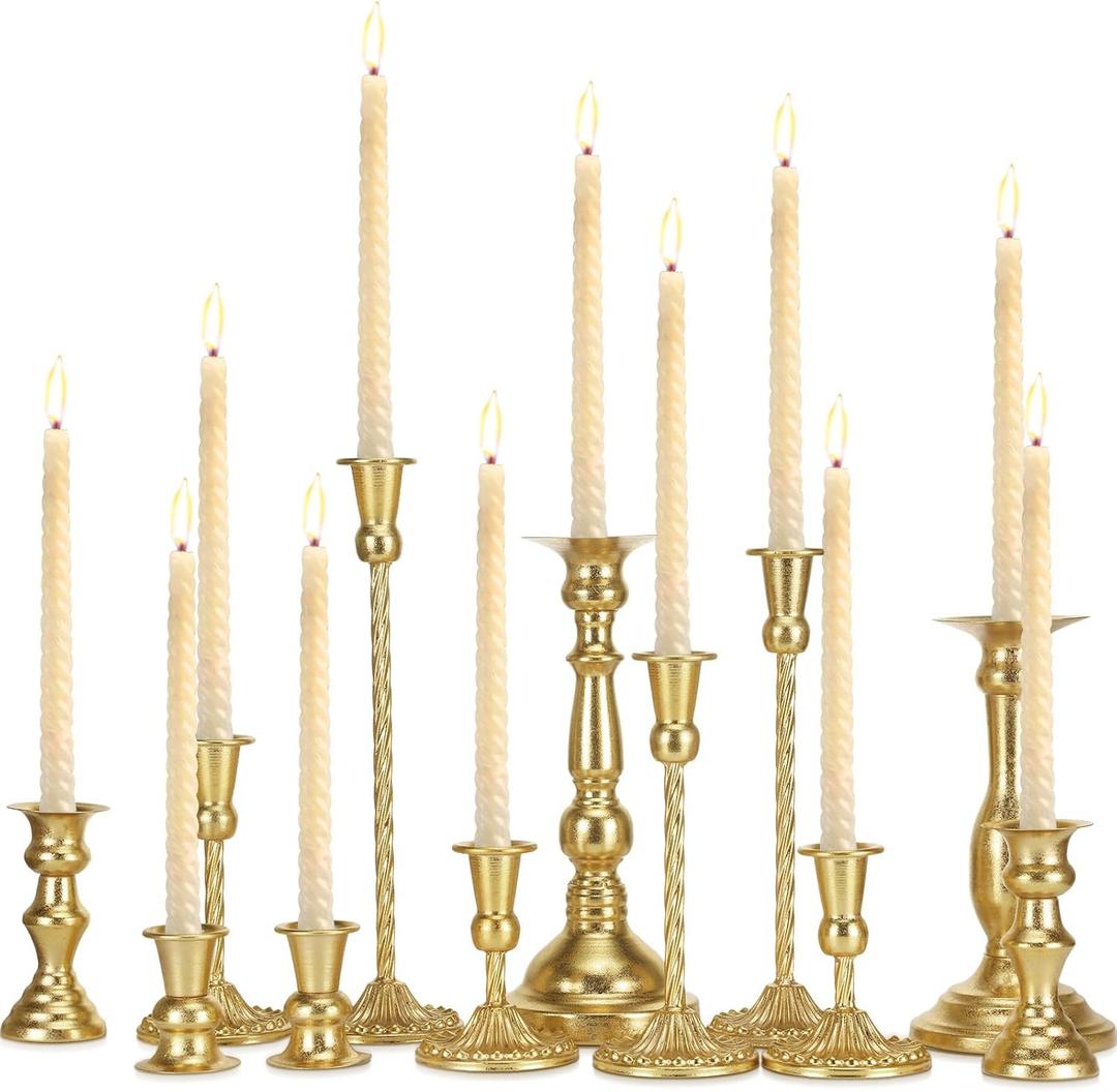 12 Pcs Candlestick Holders Gold Metal Taper Candle Holders Decorative Vintage Modern Table Centerpiece Decorations for Wedding Christmas Anniversary Dinner Party(Gold,Retro Style)