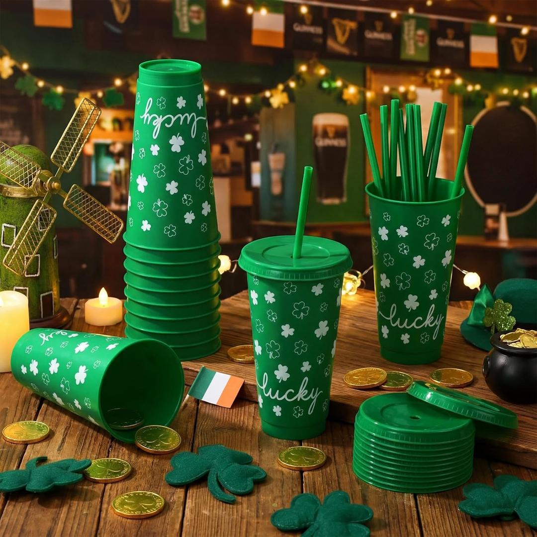 12 Pcs St Patrick's Day Gifts Cups Bulk with Lids and Straws Shamrock Cups Irish Holiday Spring Party Supplies 24 oz Green Lucky Clover Plastic Reusable Tumblers