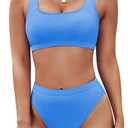 Pink Queen Women's Crop Top High Waisted Cheeky Bikini Set Two Piece Swimsuits (Blue, M)