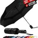 Windproof Travel Umbrella - Compact & Withstands Winds up to 100MPH, Strongest Premium Auto Folding Umbrella for Rain and Sun - Durable, Light & Portable for Women & Men, Fits Backpack & Cars, Black
