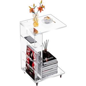 Clear Acrylic Side Table on Lockable Wheels, C Shaped End Table for Sofa, Small Coffee Tables for Small Spaces (Clear), 23.7 inches x 13.8 inches x 11.8 inches