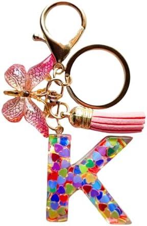 SANLONGXL Cute Initial Letter Keychains for Women Girls Tassel Butterfly Pink Purple Green Keychain for Backpack School Bag Pack of 3