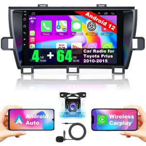 [4+64G] Android 12 Car Stereo for Toyota Prius 2010-2015 Support Wireless Carplay&Android Auto, 9 inch IPS Touchscreen Prius Radio with GPS, WiFi, FM Radio+HD Backup Camera+MIC