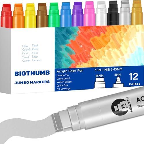 BIGTHUMB Jumbo Poster Markers Set: 11Colors Large 15mm Wide Tip Permanent Ink Thick Acrylic Paint Pens for Rock Painting, Stone, Glass, Wood, Ceramic, Metal, Plastic, Fabric