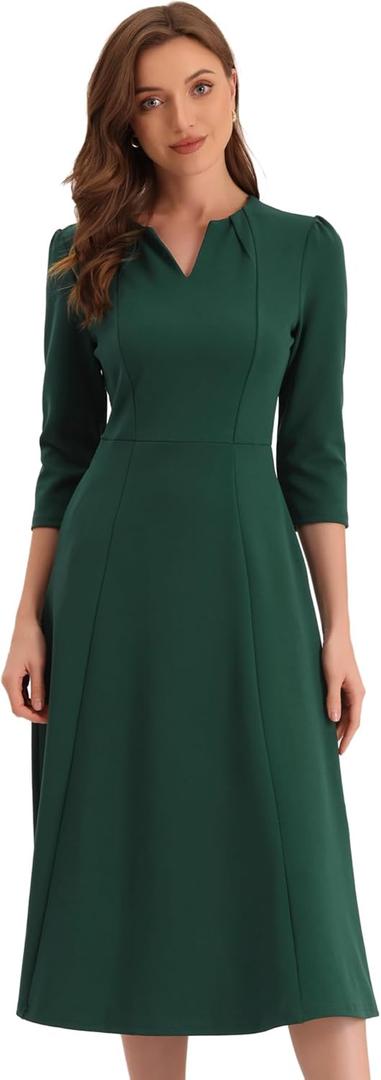 Allegra K Women's 3/4 Sleeve Dresses V Neck Elegant A-Line Work Business Formal Midi Dress with Pockets, Size XL 