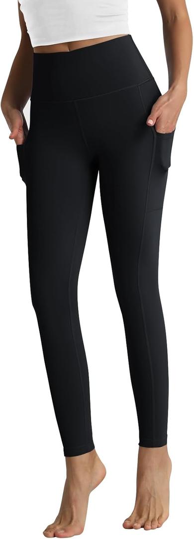 RIMLESS 7 Women's Leggings with Pockets High Waist Cotton Yoga Pants Workout Running Athletic Capris (Large, 7/8 Length-black)