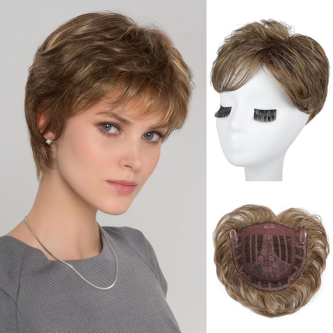 REECHO Hair Topper for Women - 100% Japanese Revolutionary Fiber Short Toupee Wiglet Topper Hairpiece for Women with Thinning Hair Loss Lightweight Large Base for Full Coverage - Light Ash Brown