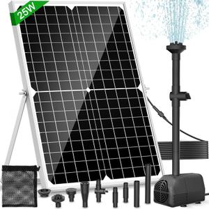 Solar Pond Pump, 25W Solar Fountain Pump with 450GPH Flow & 4 Spray Styles, 16.5Ft Extendable Power Cord, Debris Barrier Bag for Outdoor Fountain, Ponds, Fish Tank, Waterfall, Garden Water Features