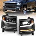 FIONE Full LED Headlights Assembly Compatible with Chevy Silverado 1500 2016 2017 2018/2019 Silverado 1500 LD Clear Lens Black Housing W/LED DRL Projector Headlamp Left Driver Right Passenger Side