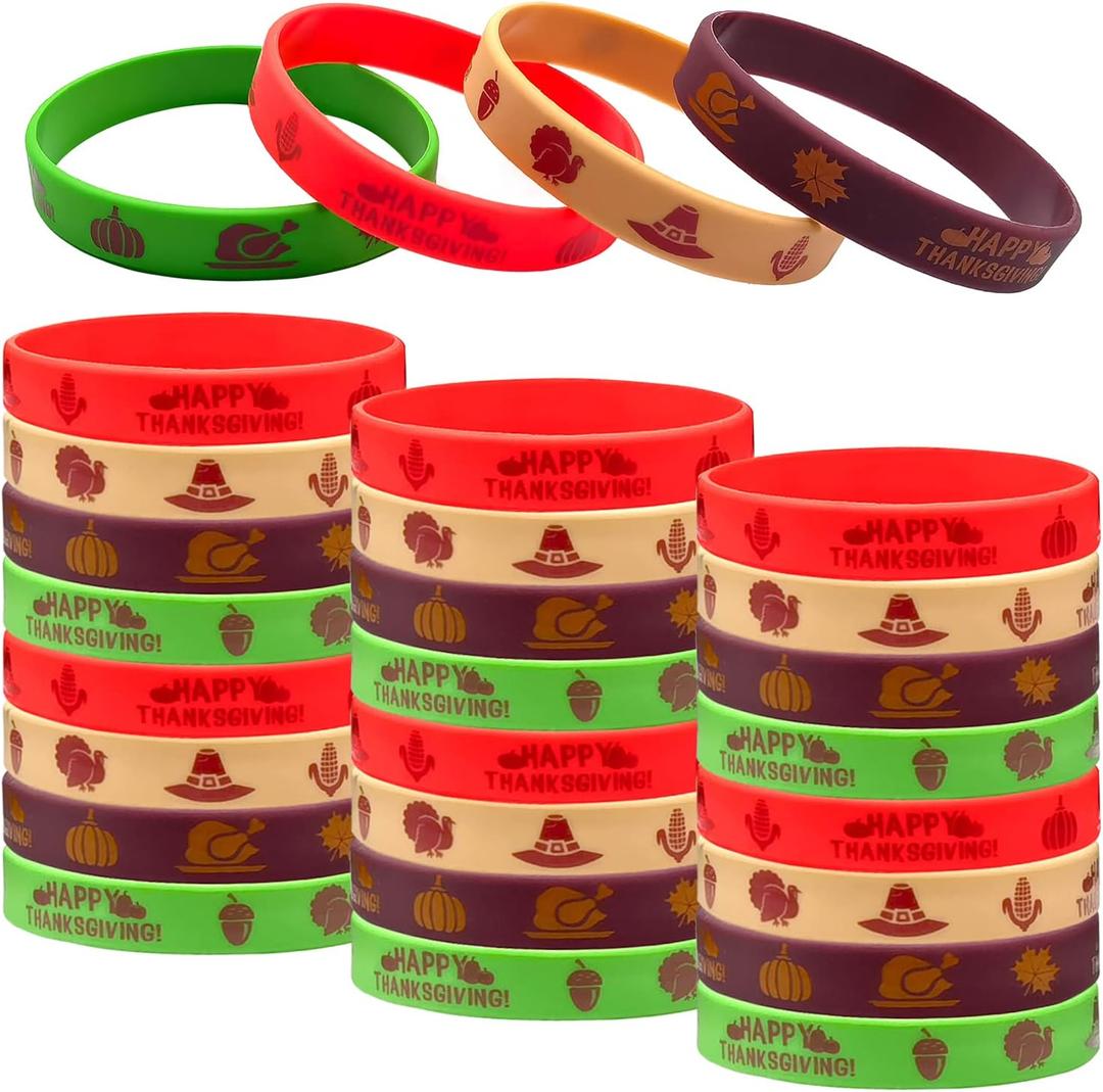 24 Packs Thanksgiving Silicone Wristbands for Kids Happy Harvest Party Rubber Bracelets Bulk Silicone Bracelets, Turkey Maple Leaf Pumpkin Hazelnut Cake for Thanksgiving Party Supplies