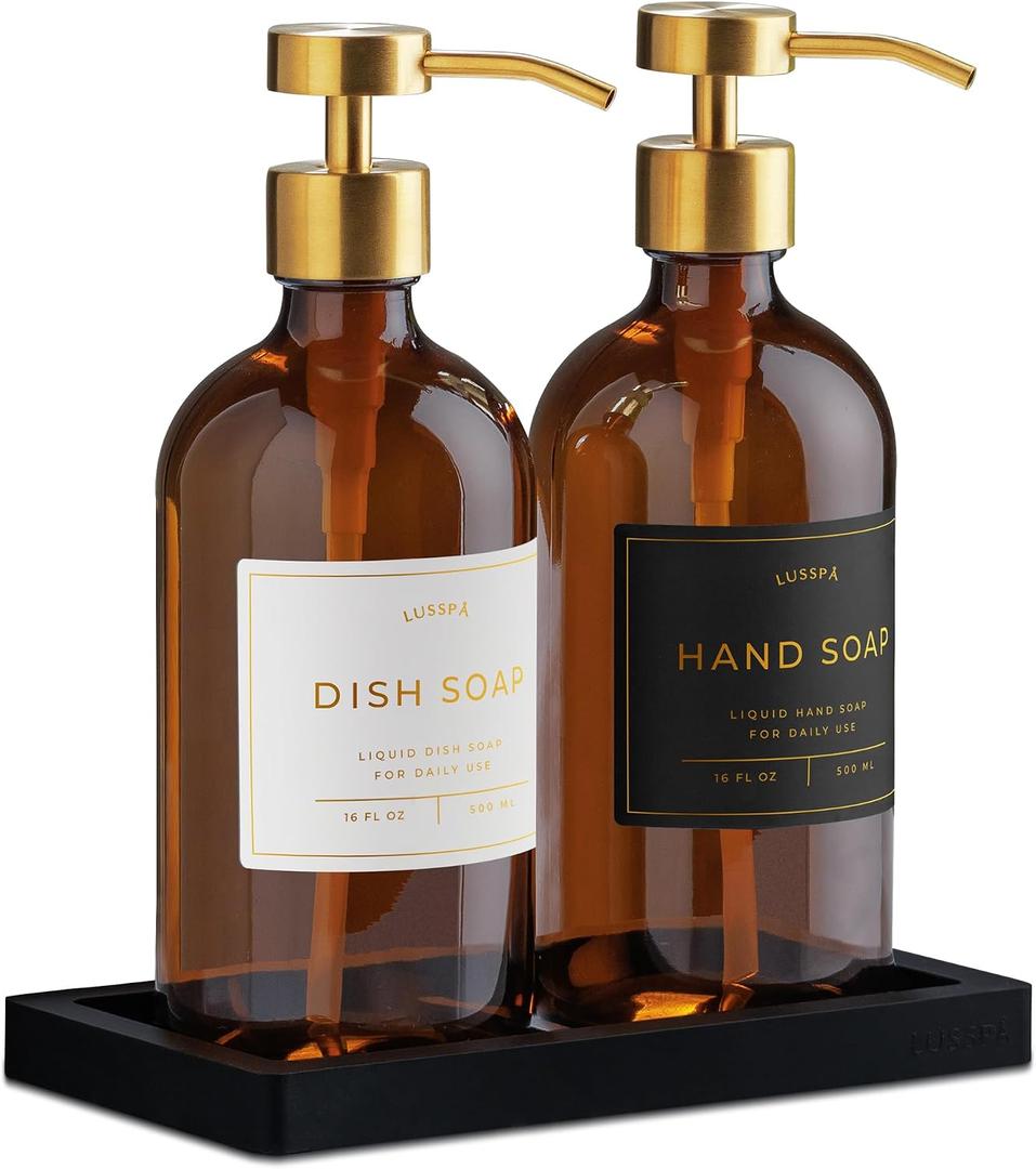Glass Soap Dispenser Set of 2 (Amber) with Silicone Tray | Hand and Dish Soap Dispenser for Kitchen and Bathroom | 16.8 Oz Glass Bottles with Stainless Steel Pump & 15 Waterproof Labels (Amber/Gold)