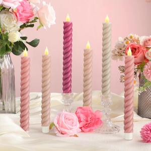 Baquler 6 Pcs Valentine Pastel Pink Flameless Taper Candle Twisted LED 9.65 Inch Taper Candles Battery Operated Spiral Candlesticks for Valentine Wedding Birthday Home Party Holiday Dinner Fireplace