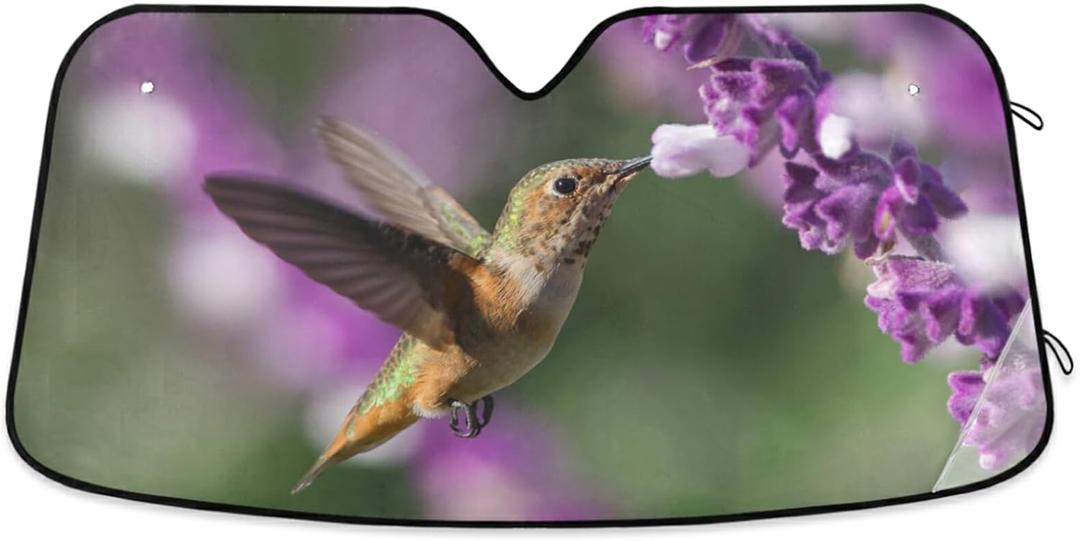 Hummingbird Purple Floral Car Windshield Sun Shade Bird Green Violet Eared Foldable UV Ray Sun Visor Protector Sunshade to Keep Your Vehicle Cool (55" x 27.6") (multi 21)