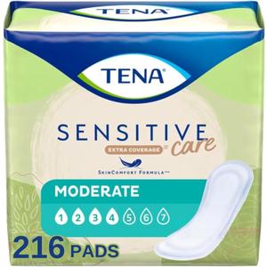 TENA Sensitive Care Incontinence Pads for Women Moderate Absorbency, Bladder Control Pads, 216 Count (Regular)