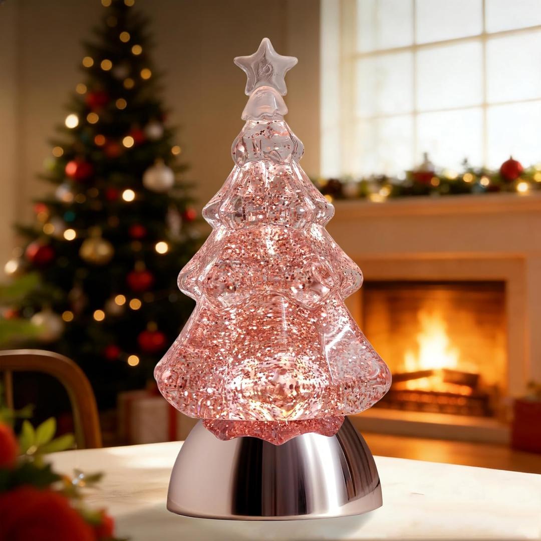 Christmas Snow Globe, Water Glitters LED Lighted Snow Globes Christmas Tree Tabletop Decor - Pink