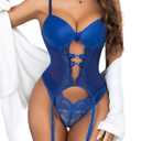 Aranmei Womens Sexy Lingerie Sets with Garter Belt Teddy Bodysuit Leather Underwire and Panty Set Royal Blue Large