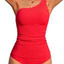 ANFILIA One Shoulder Two Piece Tankini Swimsuits for Women Tummy Control Bathing Suit Scalloped Tankini Top with Bottom (Medium, Red)