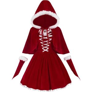 LTAKK Women Santa Dress Mrs Claus Costume Christmas Velvet Mini Dresses Santa Outfit (Small, Red Cape)