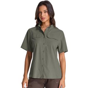 Womens Safari Hiking Sun Shirts Sun Protection Quick Dry Short Sleeve Button Shirts (Medium, Grey Green)
