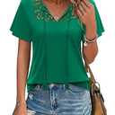 Uhiger Green Tops for Women Tunic Boho Tops Short Sleeve Lace Blouses V Neck Flowy Shirts Tie Front Chic Outfits Casual Clothes L