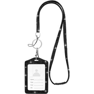 SAVORI Bling Badge Lanyard with ID Holder, Rhinestone Sturdy Neck Lanyard Horizontal Name Card Holder for Women Girl (Black)