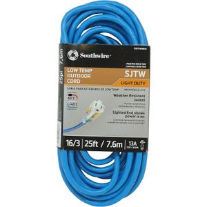 Southwire Coldflex Light Duty Extension Cord - 16/3 Gauge SJTW - Lighted Ends for Power Visibility - Reinforced Blades for Safety - Flexible in Extreme Cold - Blue - 25 Feet
