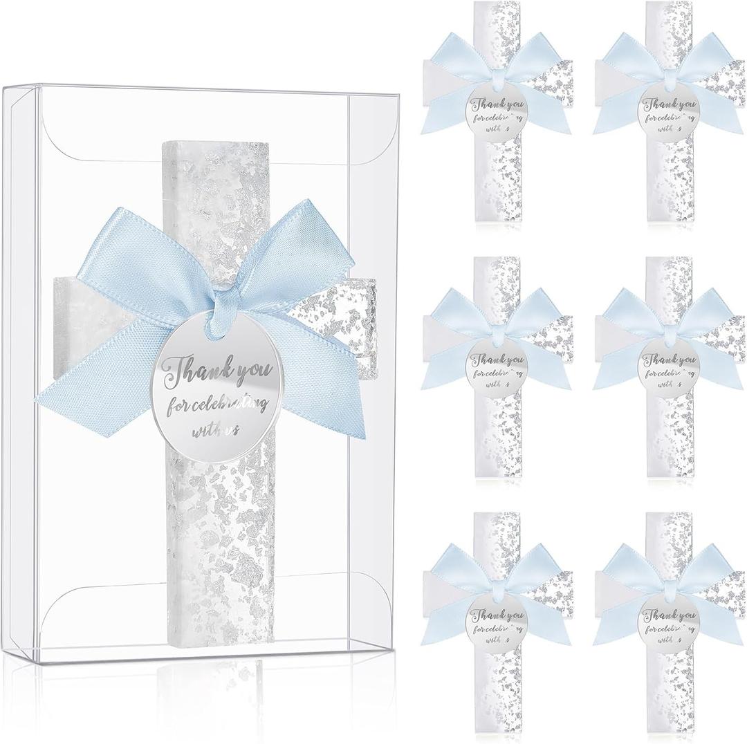 Chunful 12 Sets Baptism Favors for Guests Blue Sliver Epoxy Cross Magnet First Communion Cross Magnet with Tag Acrylic Box Christian Easter Gift for Christening Baby Shower Party Family Gathering (Thank You for Celebrating with Us)